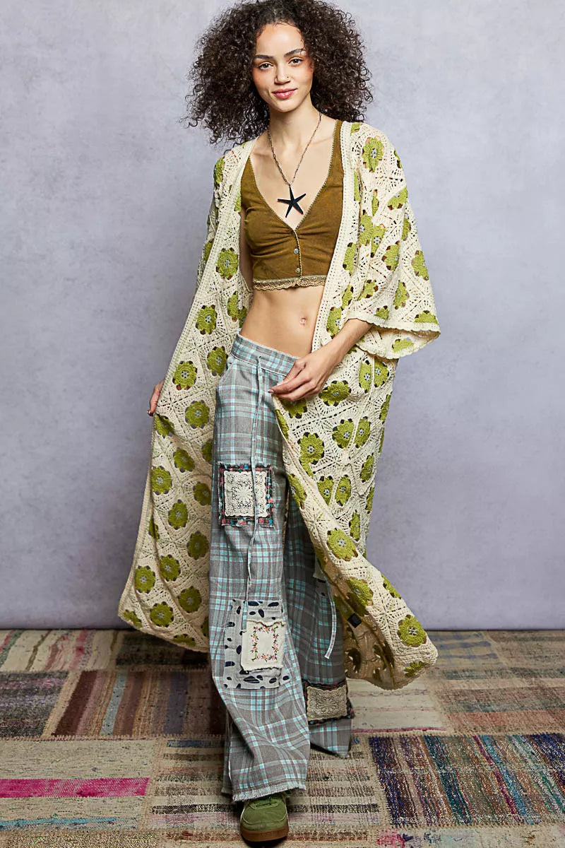 POL Open Front Floral Crochet Longline Cardigan 