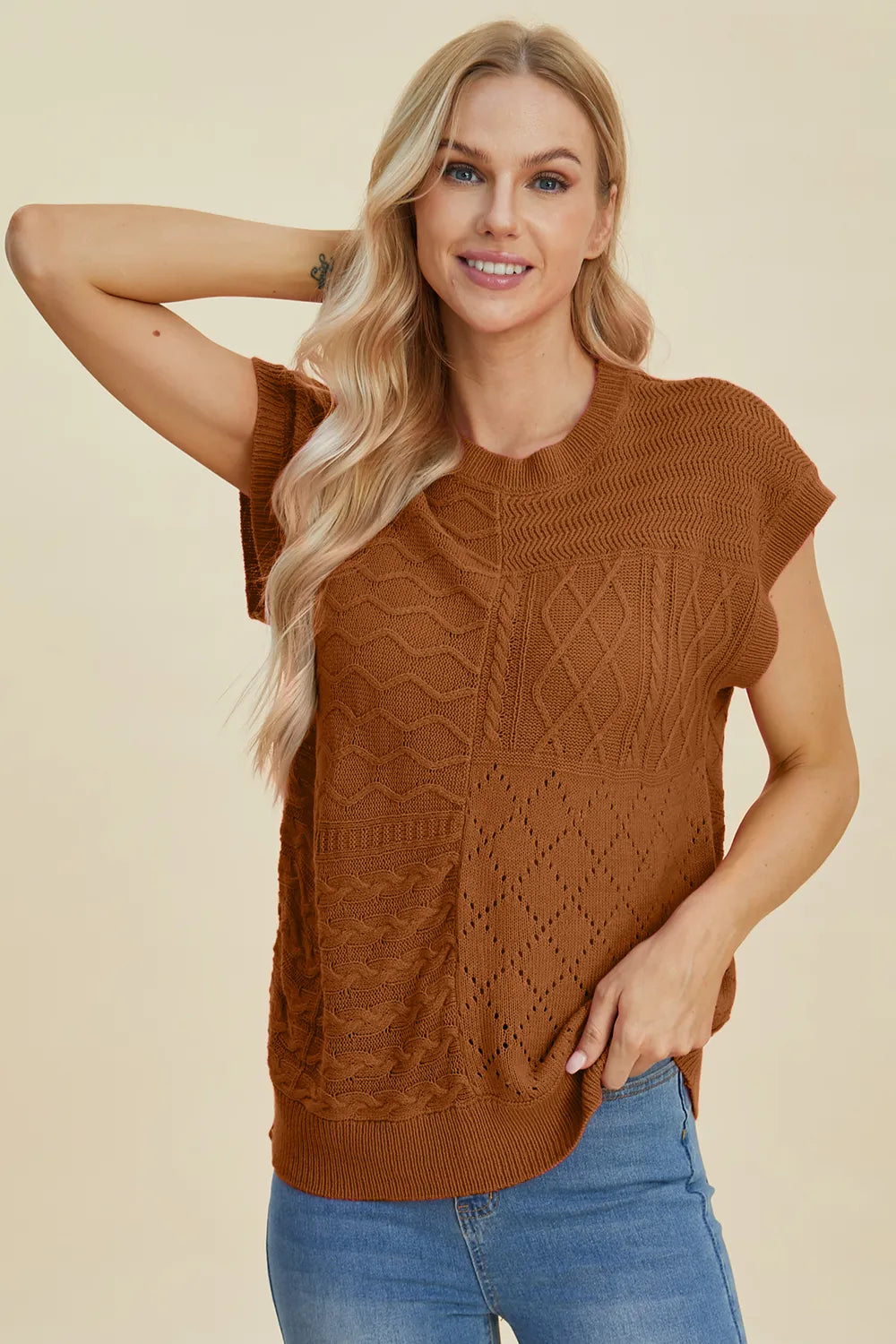 Double Take Full Size Cable-Knit Round Neck Cap Sleeve Sweater 