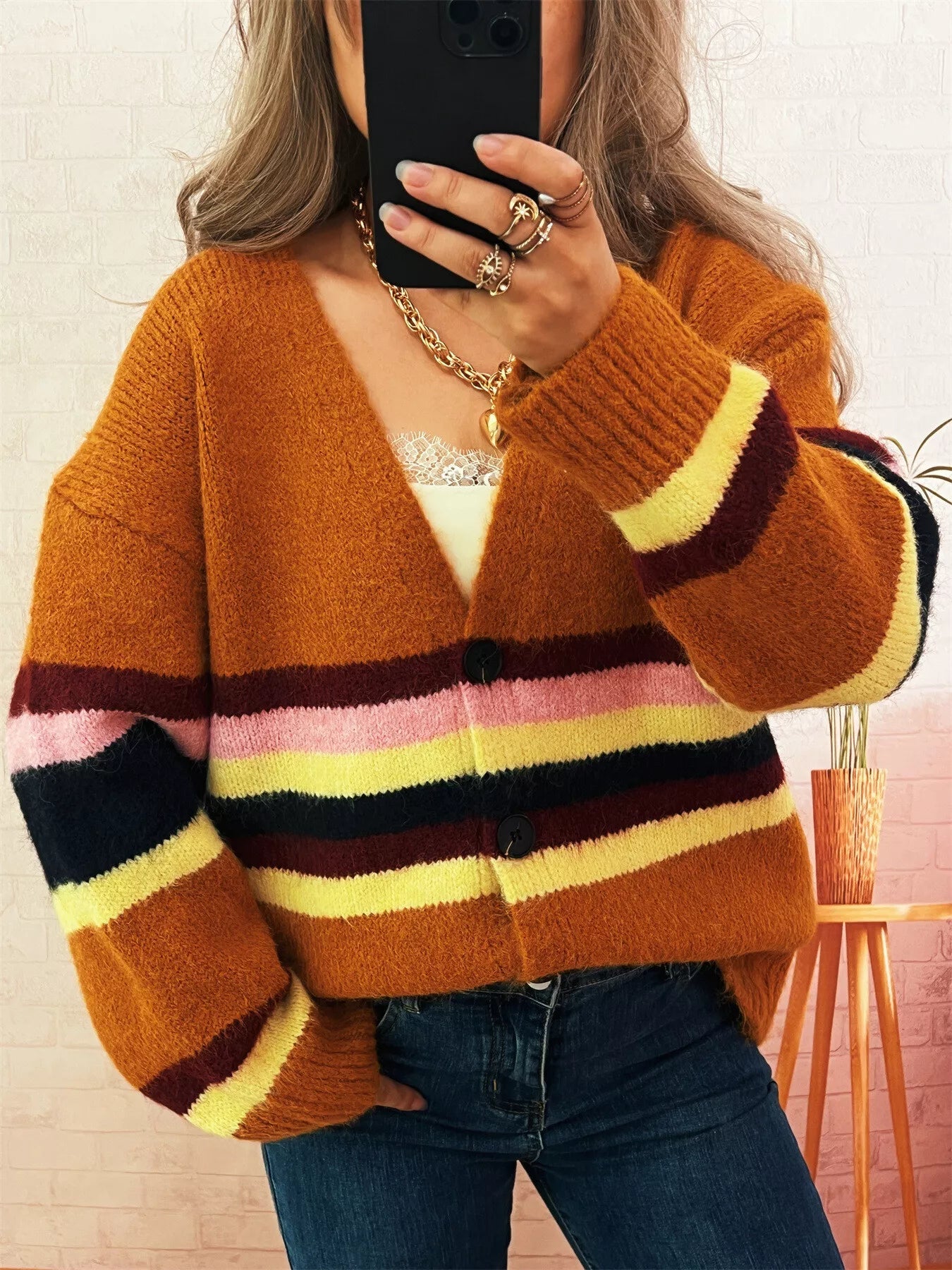 Ribbed Striped Button Down Cardigan 
