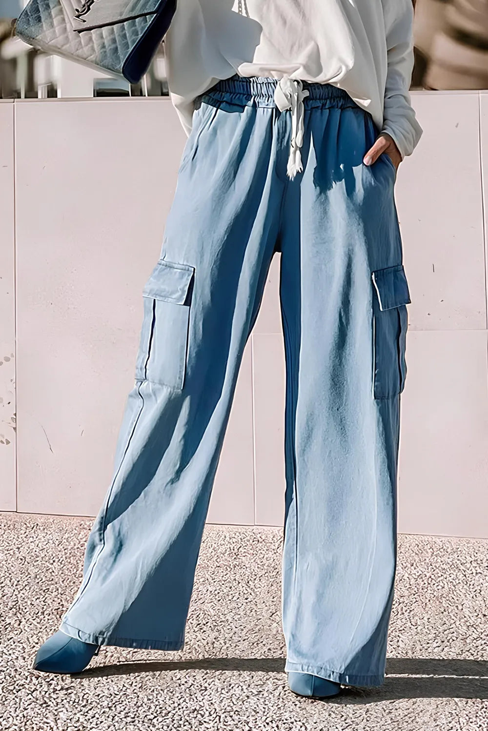Drawstring Cargo Pocket Wide Leg Jeans 