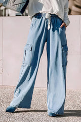 Drawstring Cargo Pocket Wide Leg Jeans 