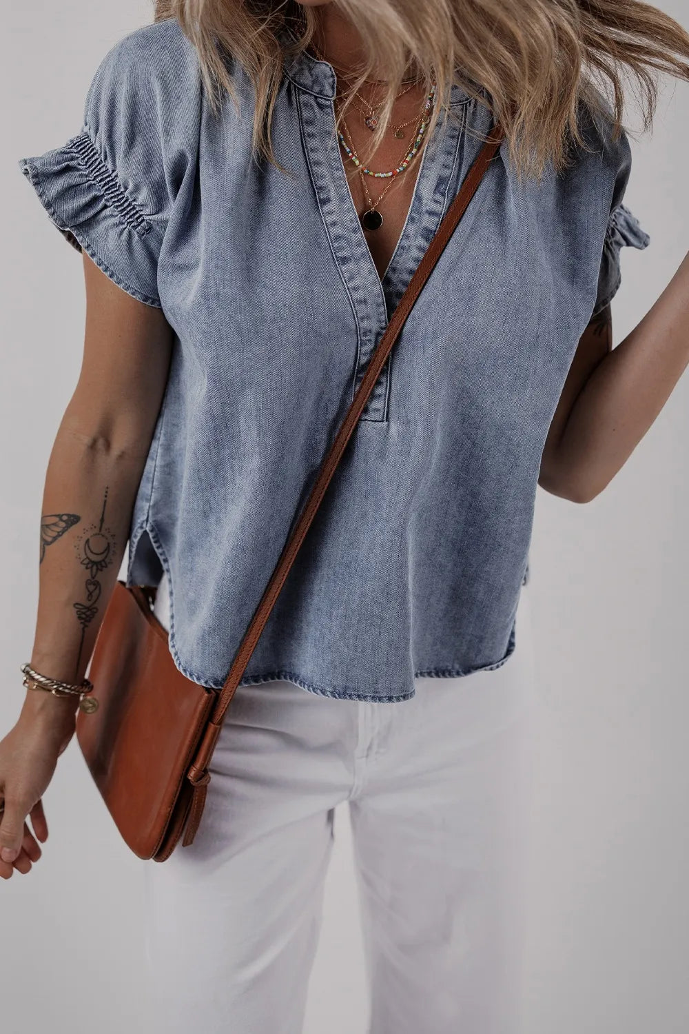 V Neck Ruffled Short Puff Sleeve Denim Top 