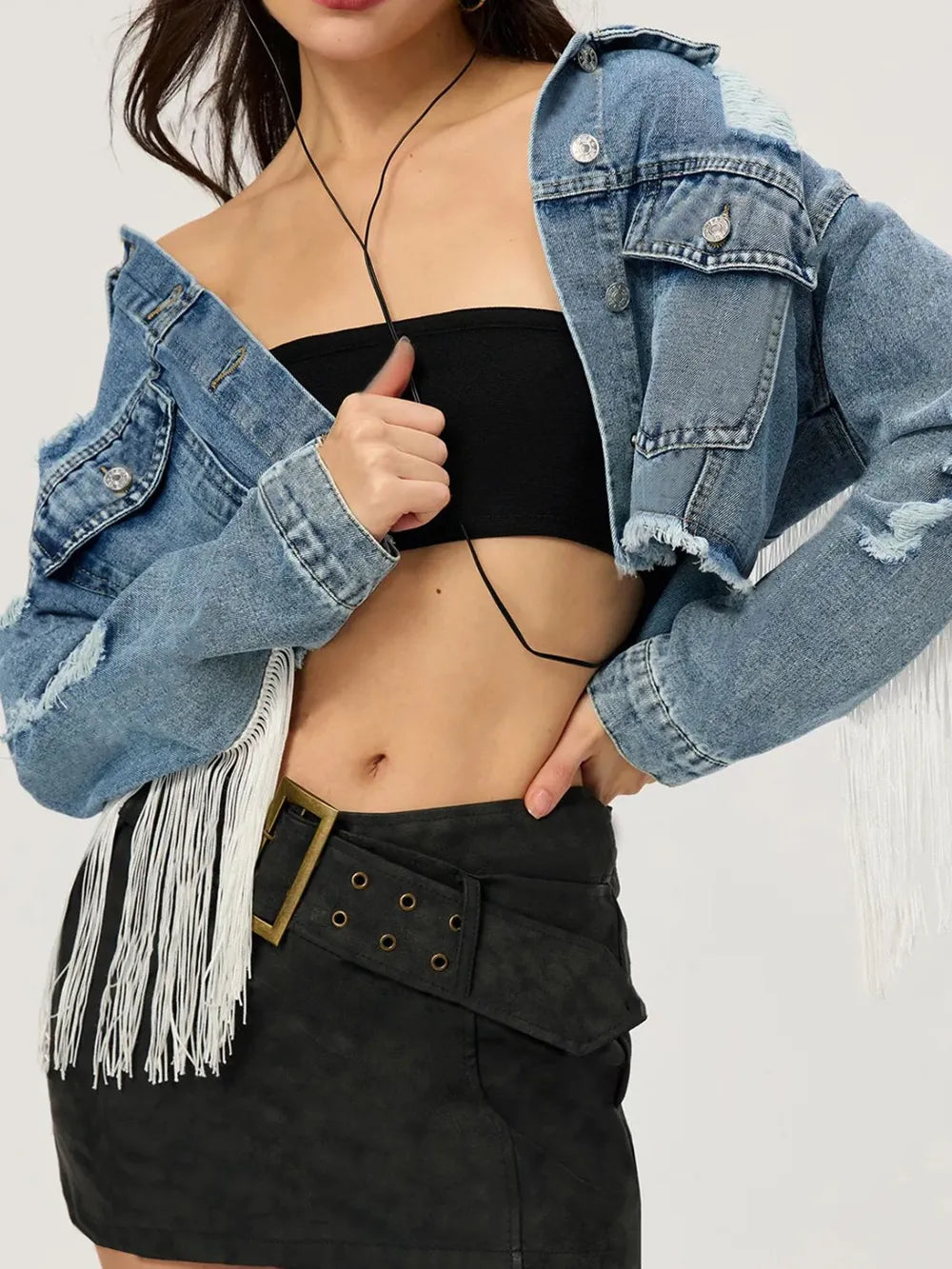 Distressed Fringe Collared Neck Cropped Denim Top 