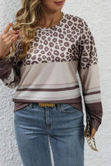 Plus Size Leopard Round Neck Long Sleeve Top 
