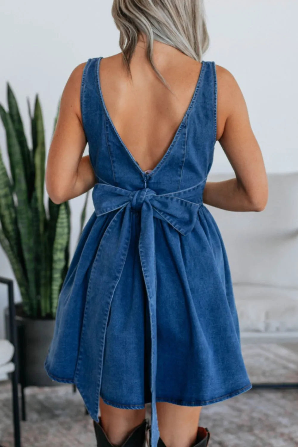 V-Back Bow Tie Denim Skater Dress 