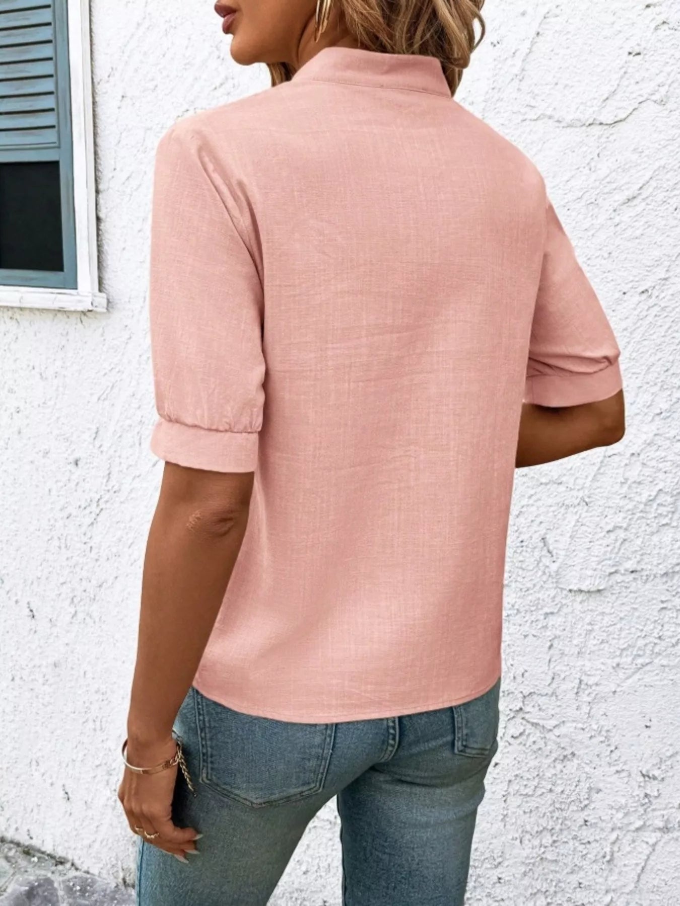 Embroidered Notched Short Sleeve Blouse 