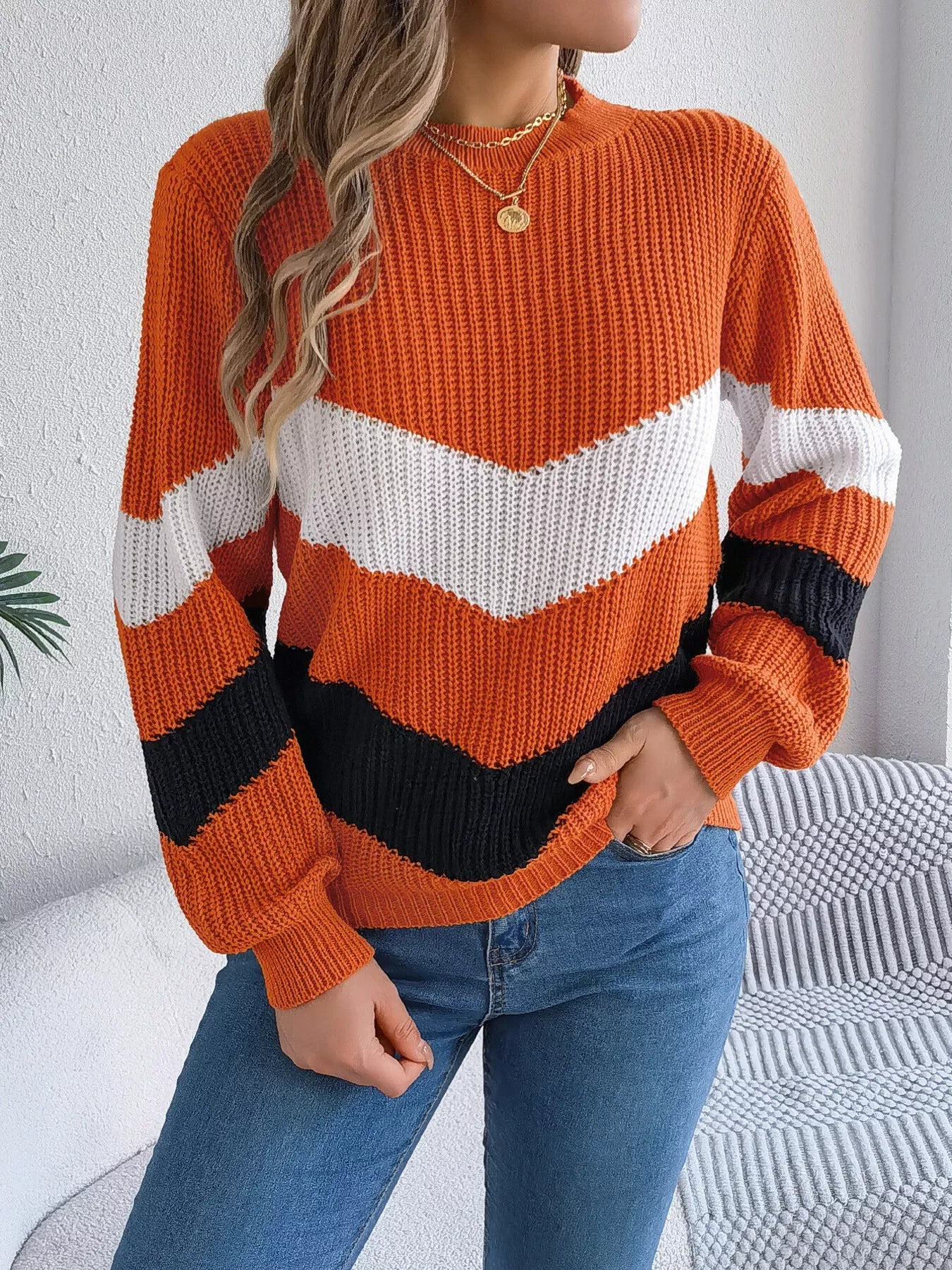 Chevron Stripe Color Block Round Neck Sweater 