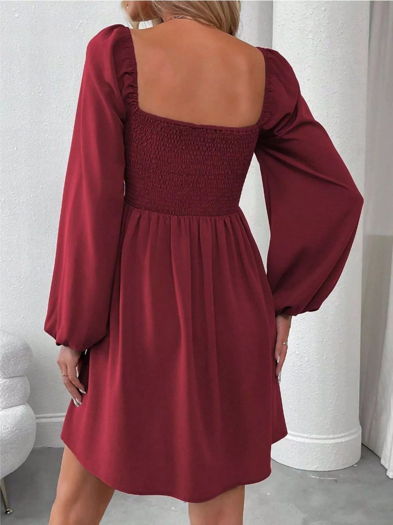 Ruched Square Neck Long Sleeve A-Line Dress 