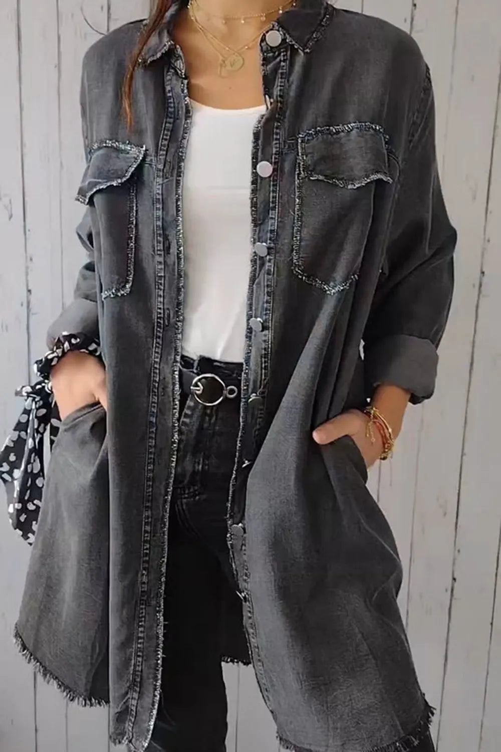 Full Size Pocketed Button Up Long Sleeve Denim Jacket 