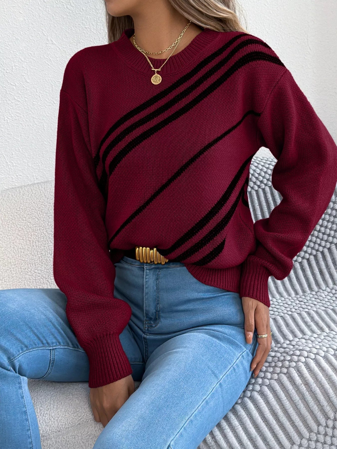 Striped Pattern Casual Round Neck Sweater 