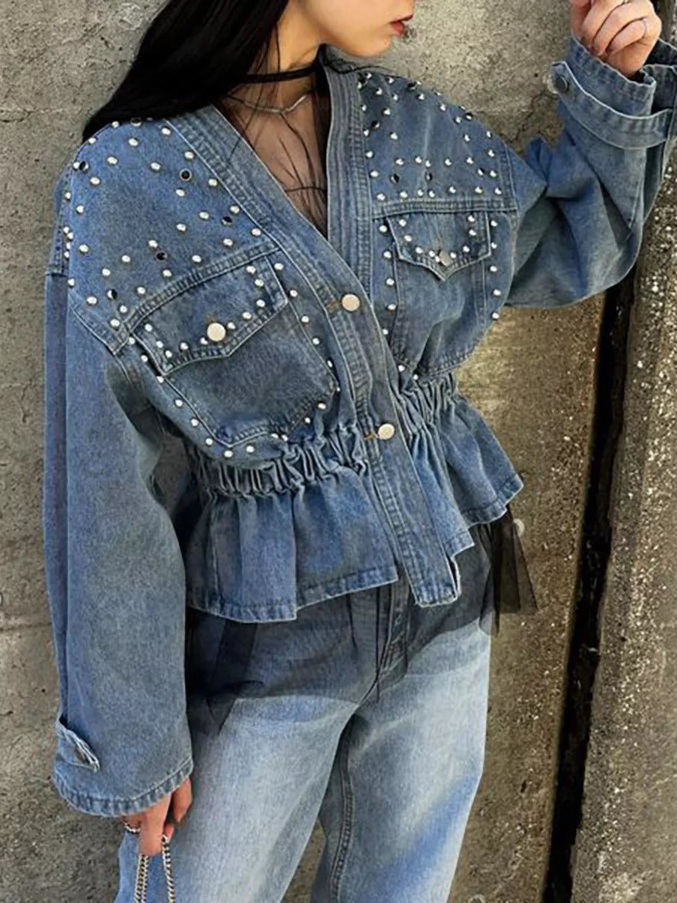 Studded Button Up Denim Jacket 