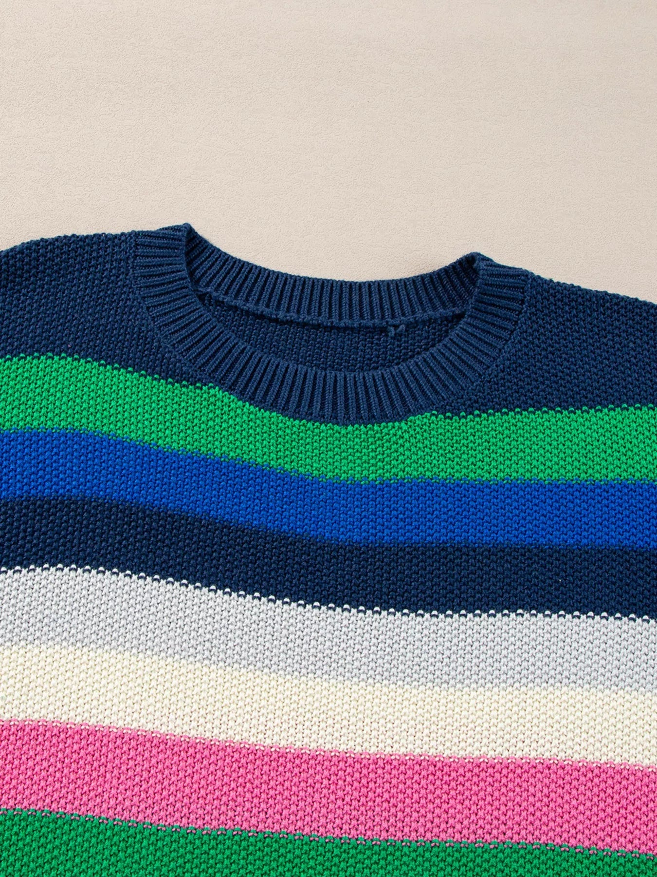 Rainbow Striped Crew Neck Drop Shoulder Sweater 