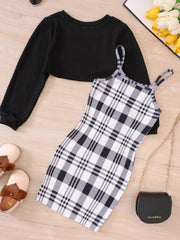 Children's Plaid Print Long Sleeve Dress Set 