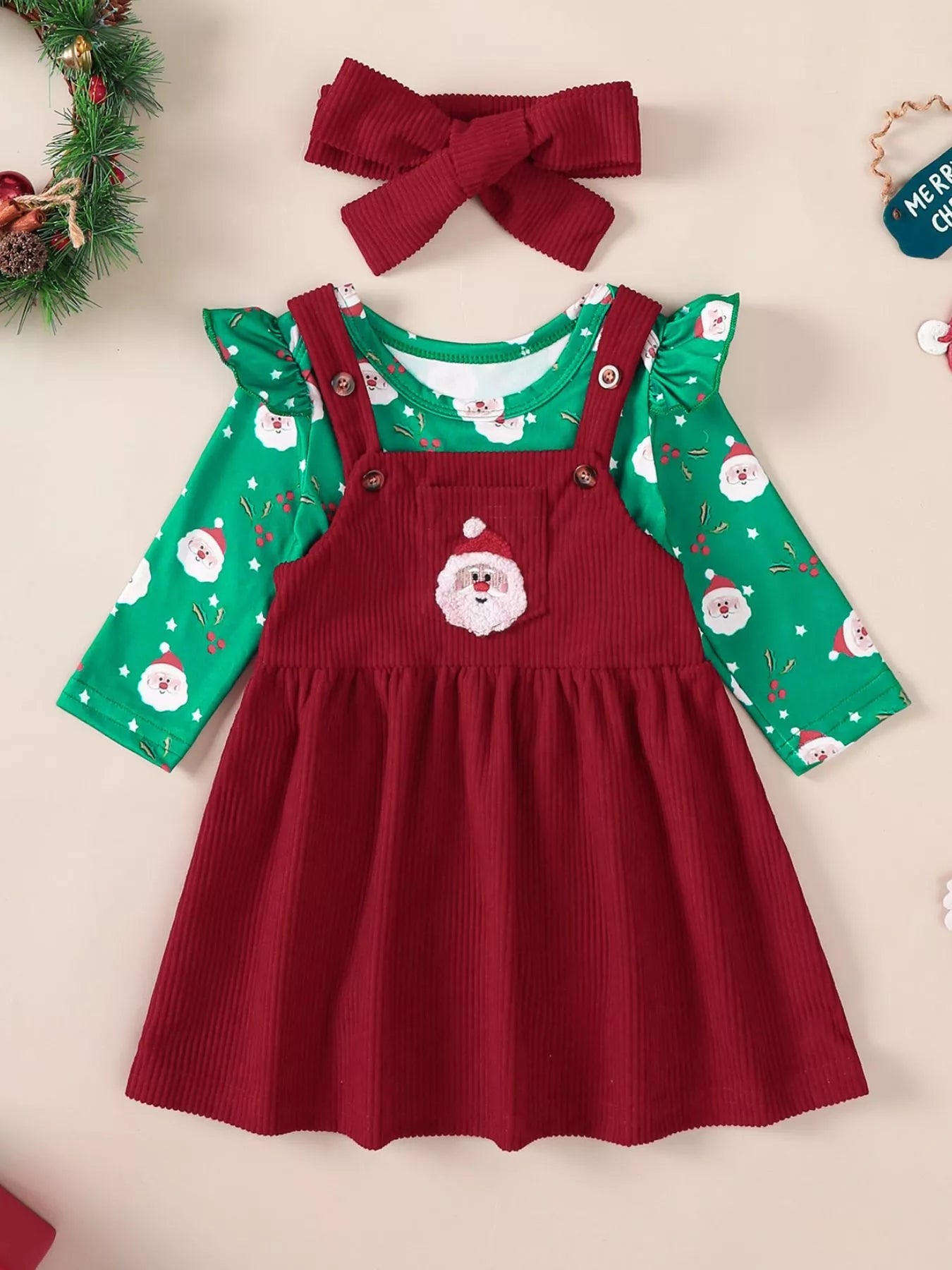 Children's Christmas Bodysuit and Overall Dress Set with Headband 