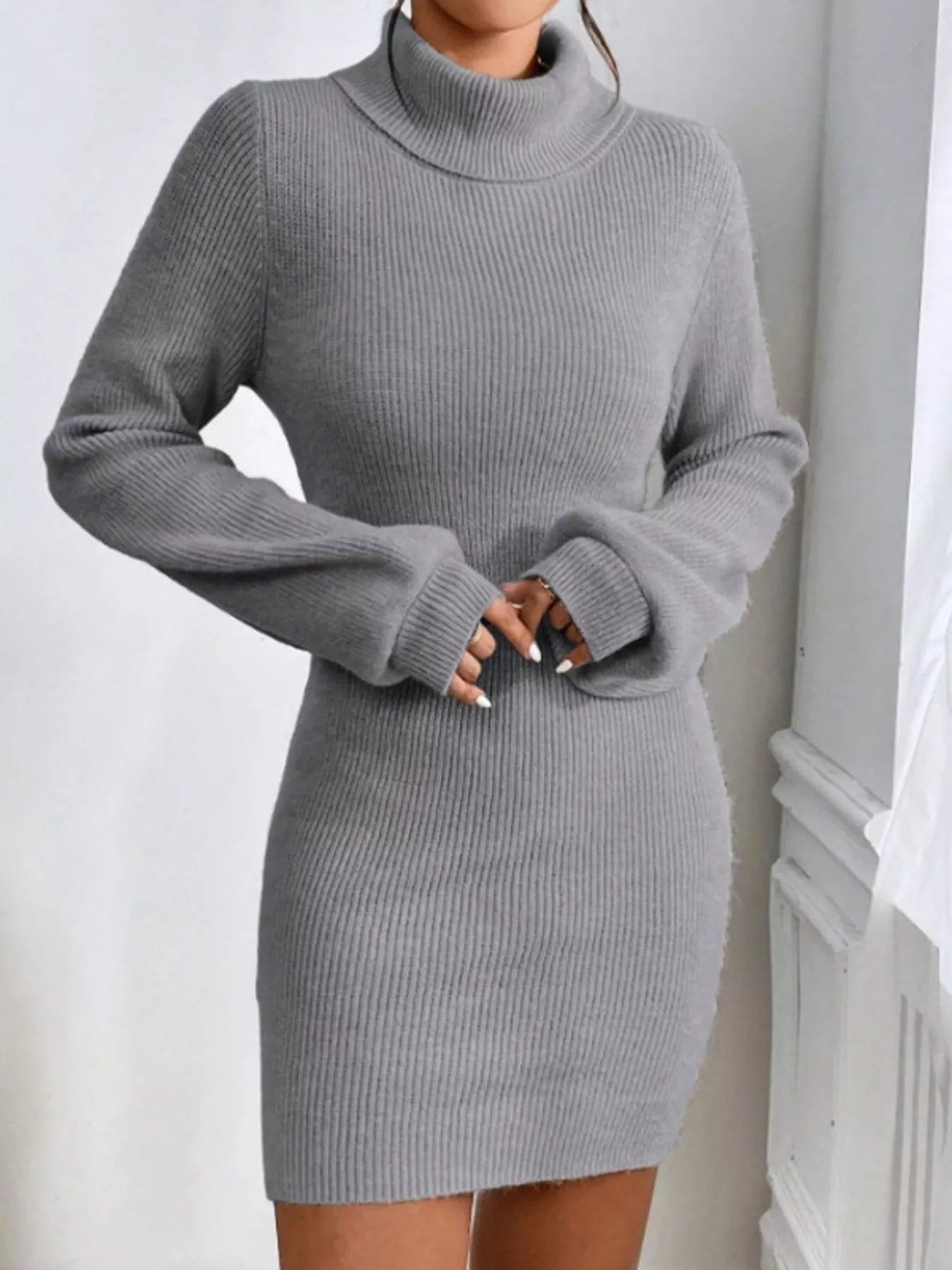 Turtleneck Ribbed Knit Sweater Dress 