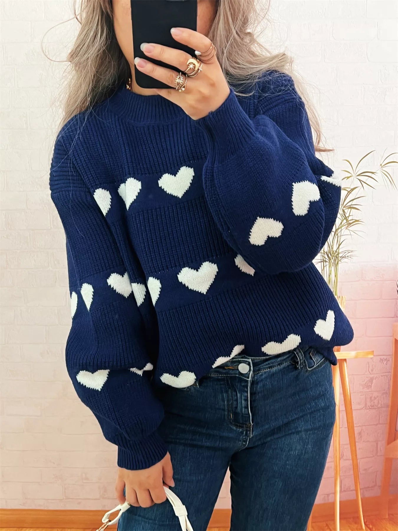 Heart Pattern Dropped Shoulder Sweater 