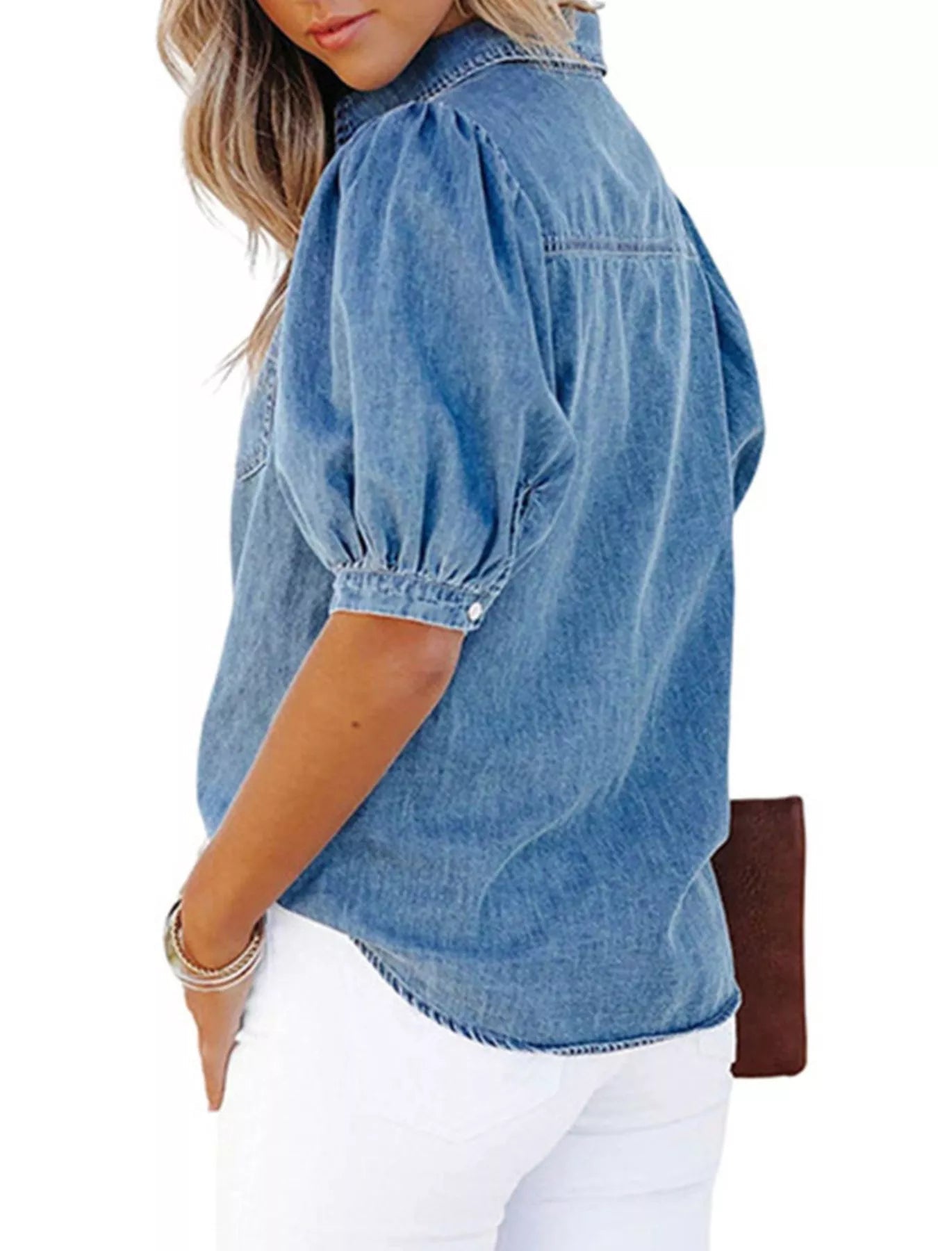 Puff Sleeve Button-Down Denim Top 