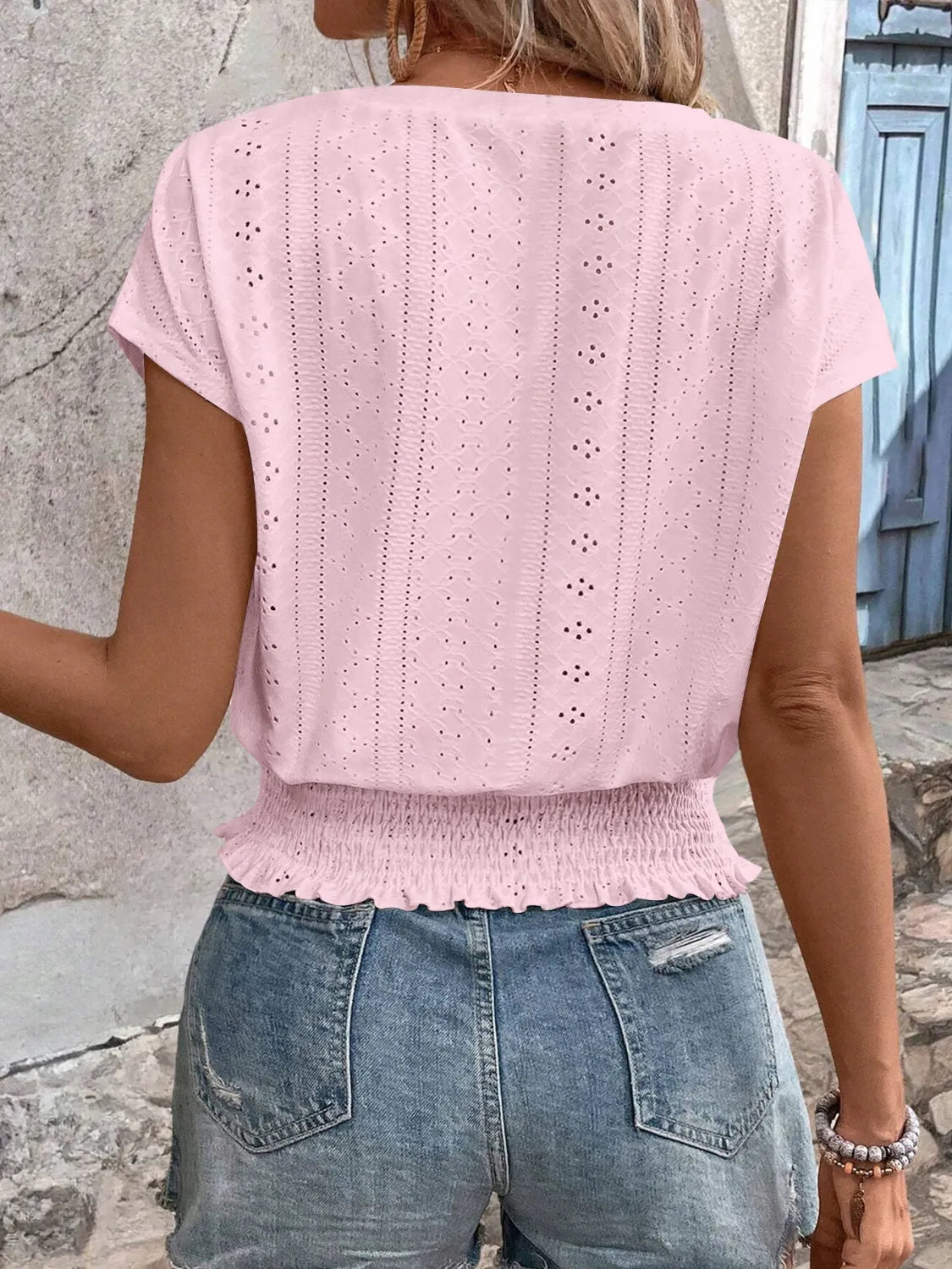 Eyelet V-Neck Short Sleeve Blouse 