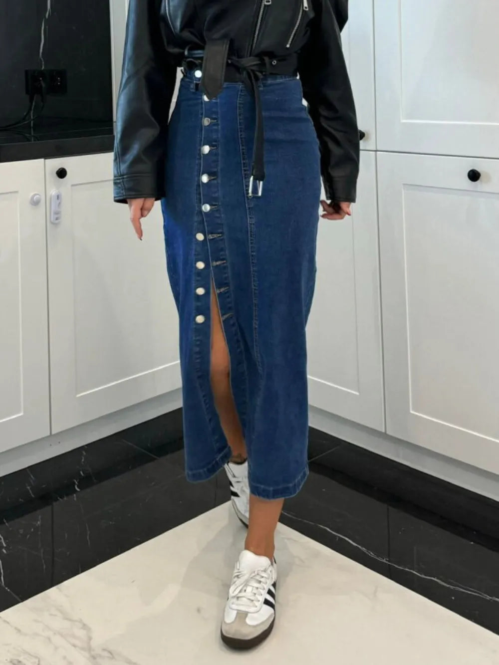 Front Button Slit Midi Denim Skirt 