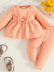Children's Floral Embossed Ruffle Trim Top and Pants Set 