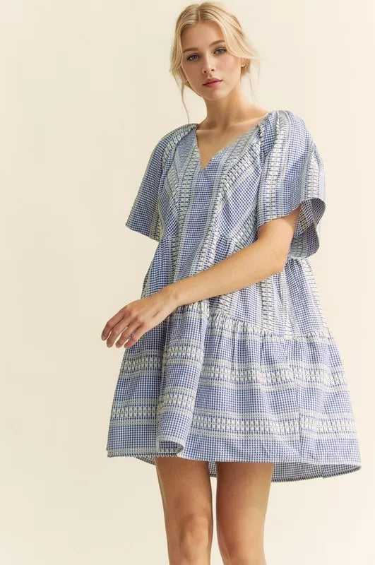Davi & Dani Embroidered Stripe Ruffled Gingham Mini Dress 