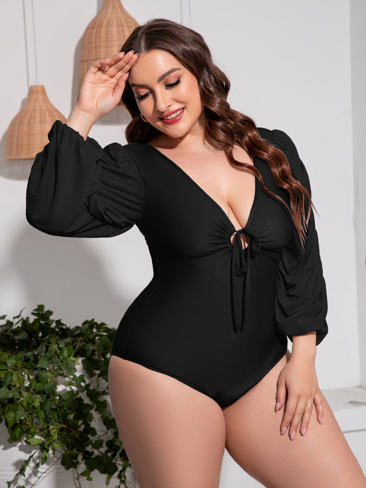 Plus Size Tied Deep V Balloon Sleeve One-Piece Swimsuit 
