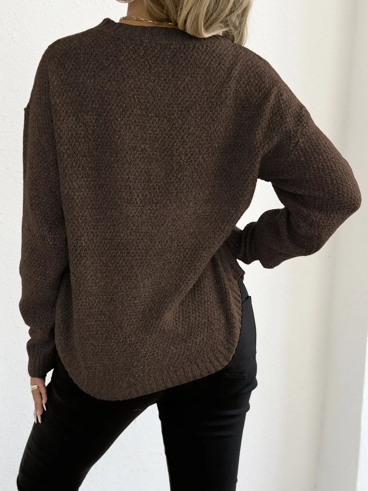 Textured Knit Relaxed Fit Round Neck Sweater 