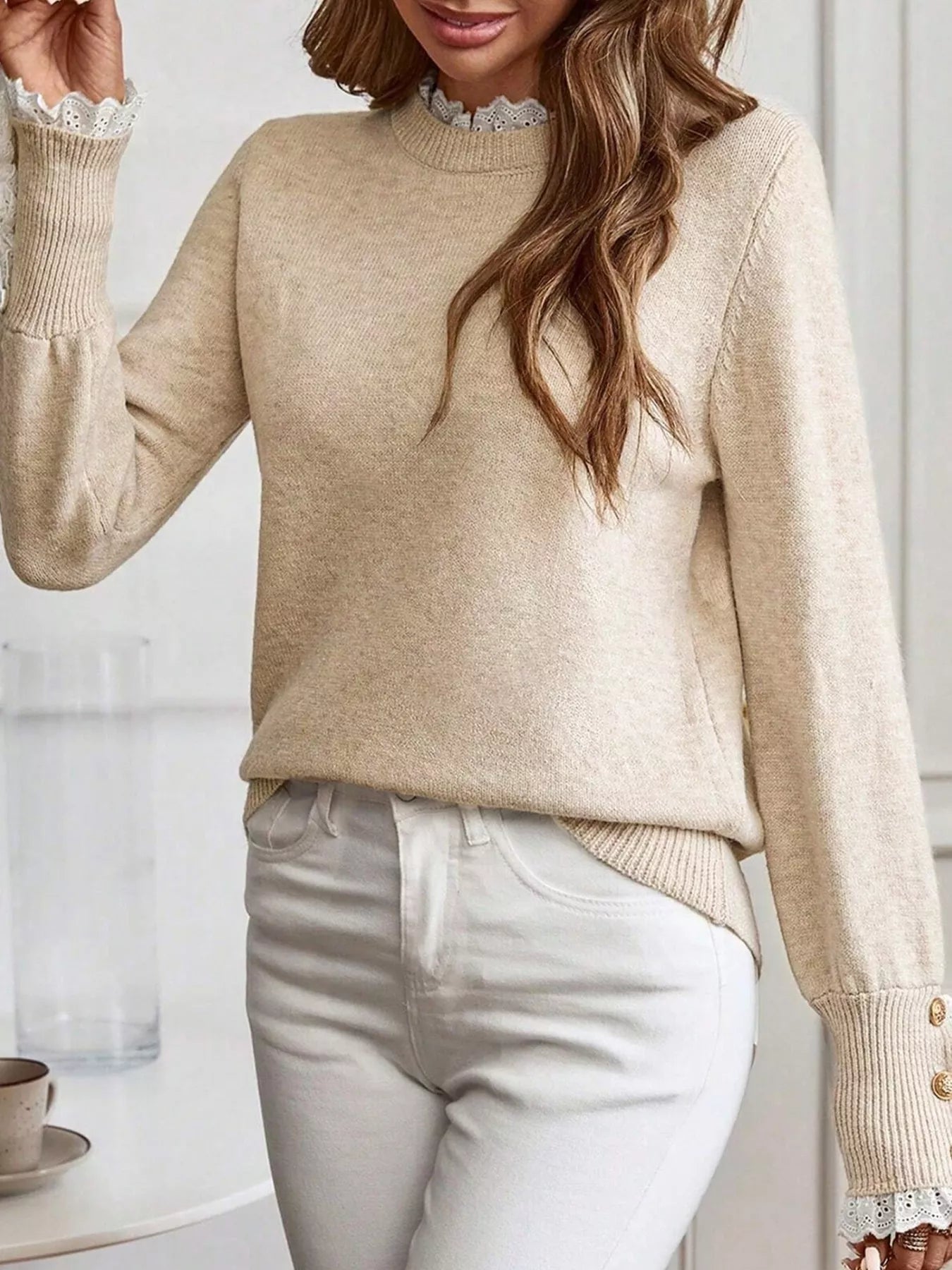 Lace Trim Button Cuff Long Sleeve Sweater 