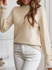 Lace Trim Button Cuff Long Sleeve Sweater 