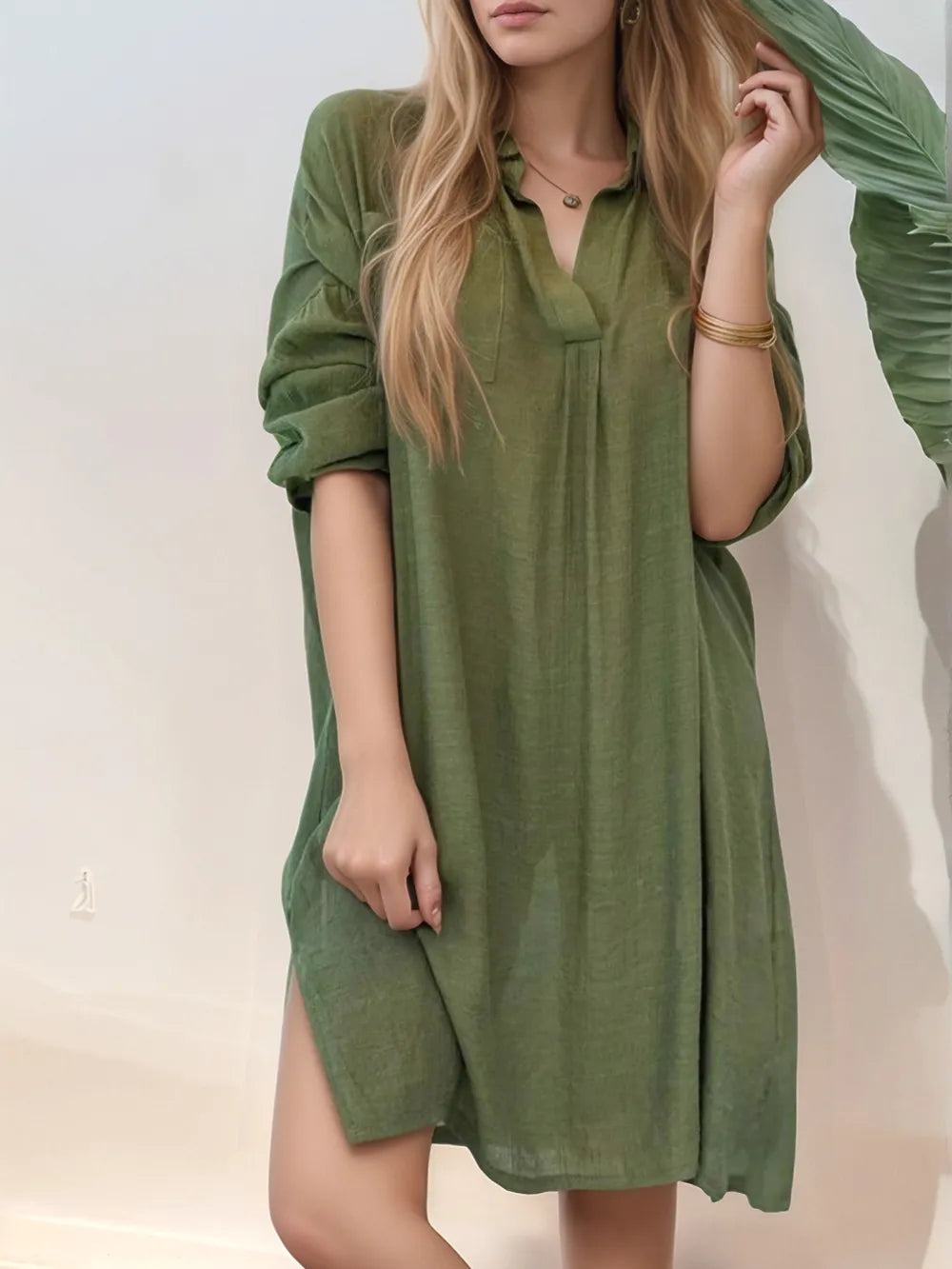Full Size Side Slit Roll-Tab Sleeve Mini Shirt Dress Plus Size 