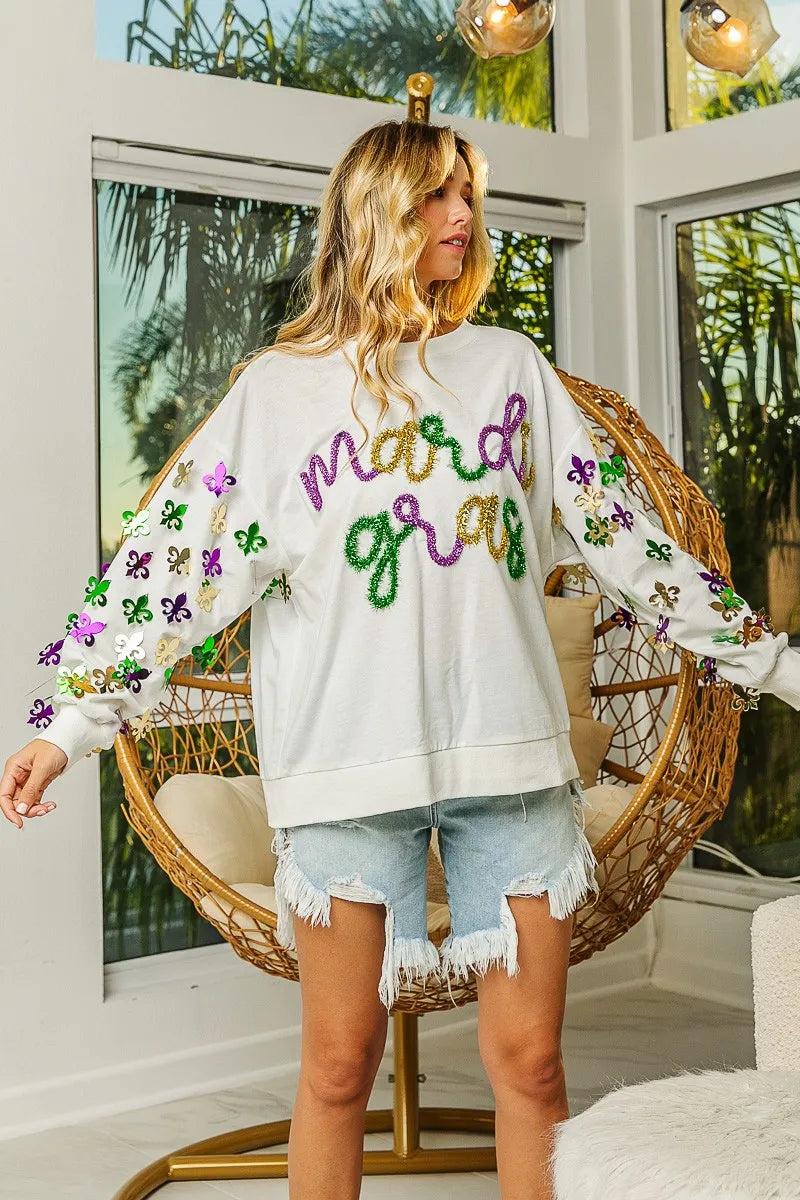 BiBi Fleur De Lis Sleeve Mardi Gras Pullover 