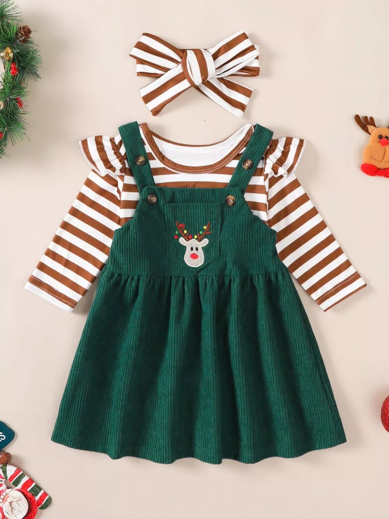 Children's Christmas Bodysuit and Overall Dress Set with Headband 