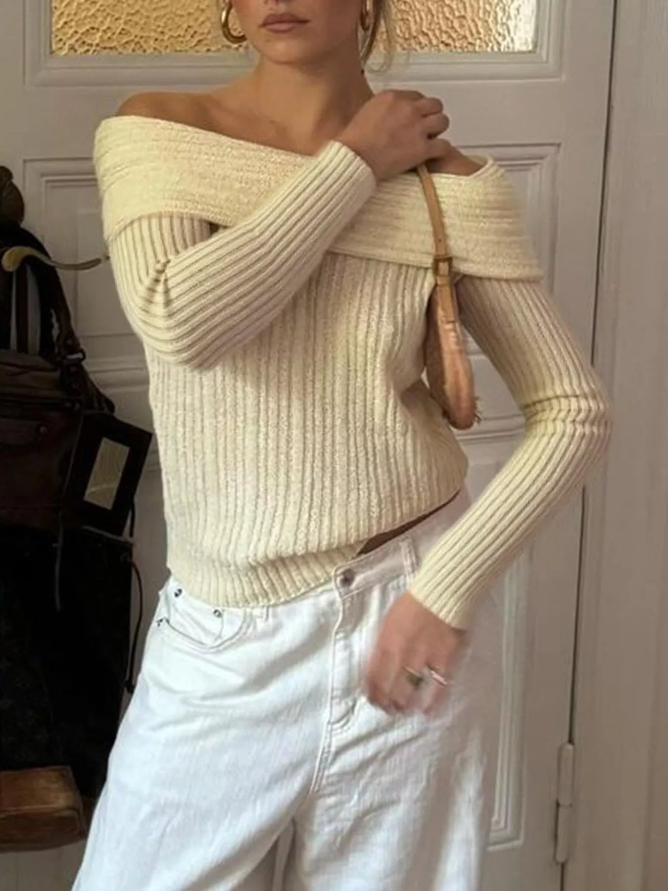 Off-Shoulder Ribbed Knit Sweater 