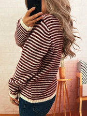 Striped Button Detail Long Sleeve Sweater 