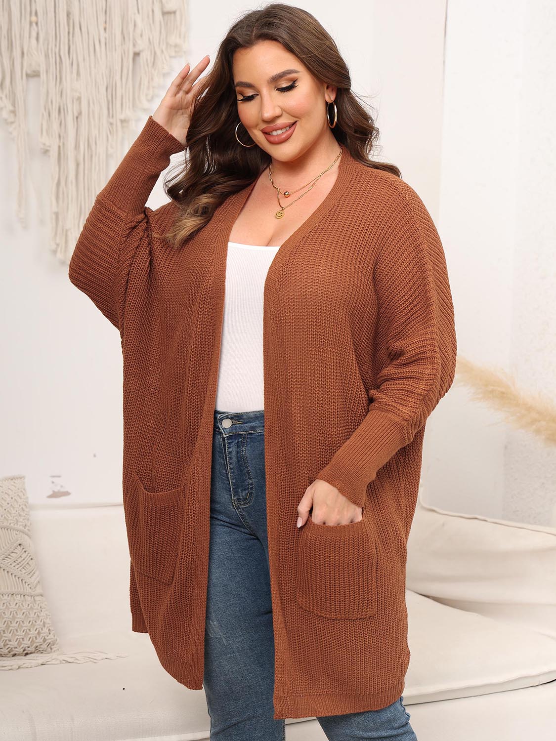 Plus Size Open Front Cardigan With Pockets 