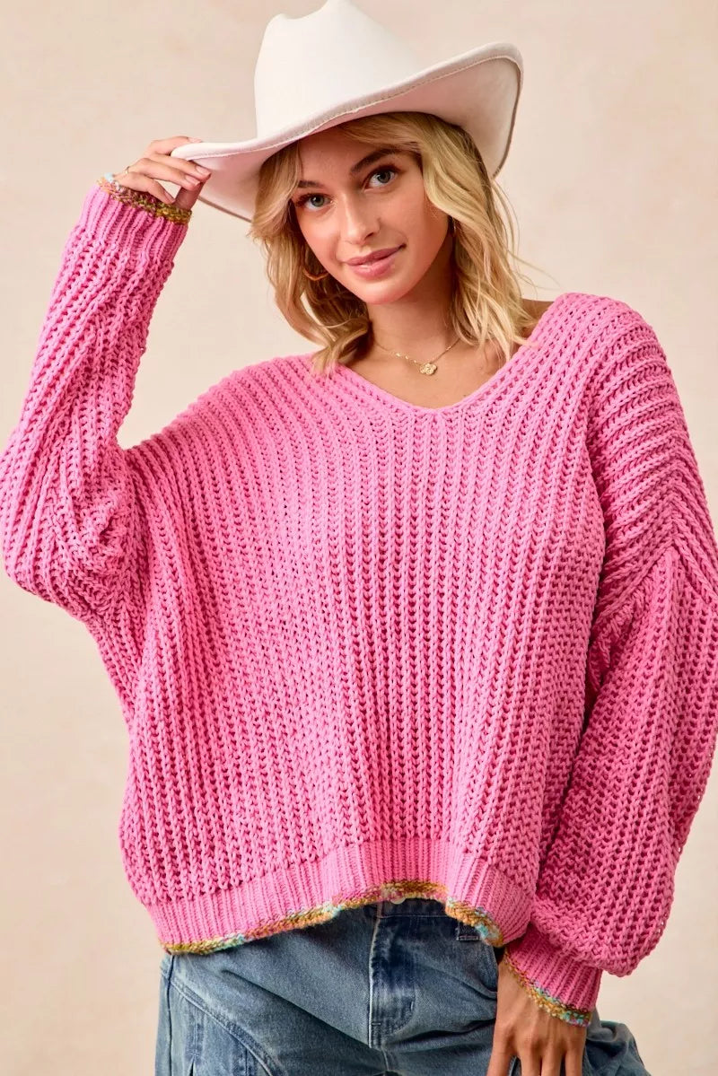 BiBi V-Neck Sweater with Colorful Trim 