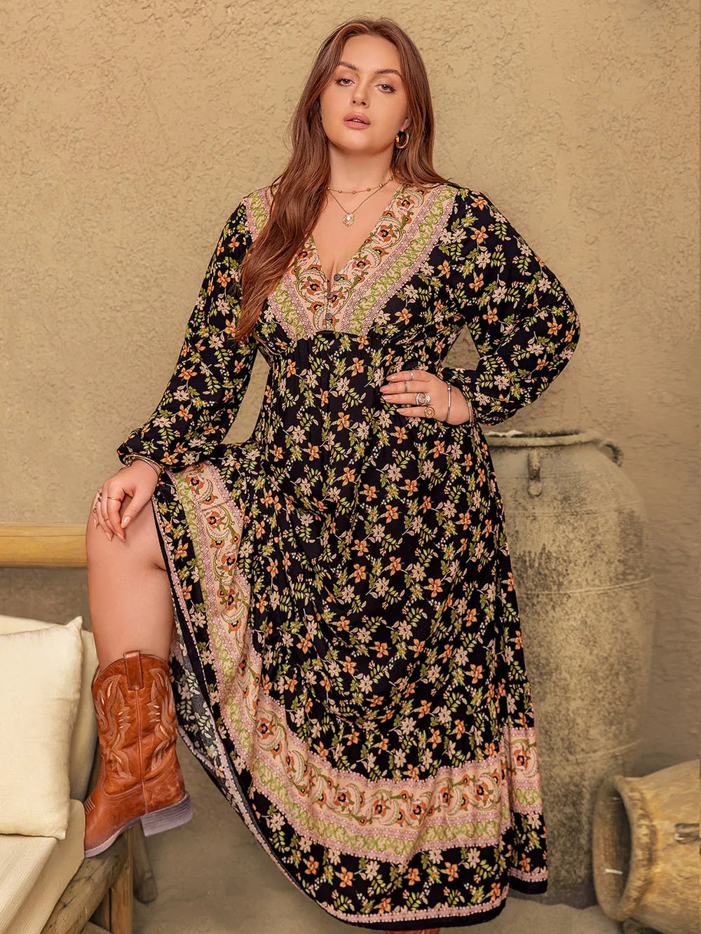 Plus Size Floral V-Neck Balloon Sleeve Dress 