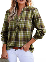 Plaid Half Button Long Sleeve Blouse 