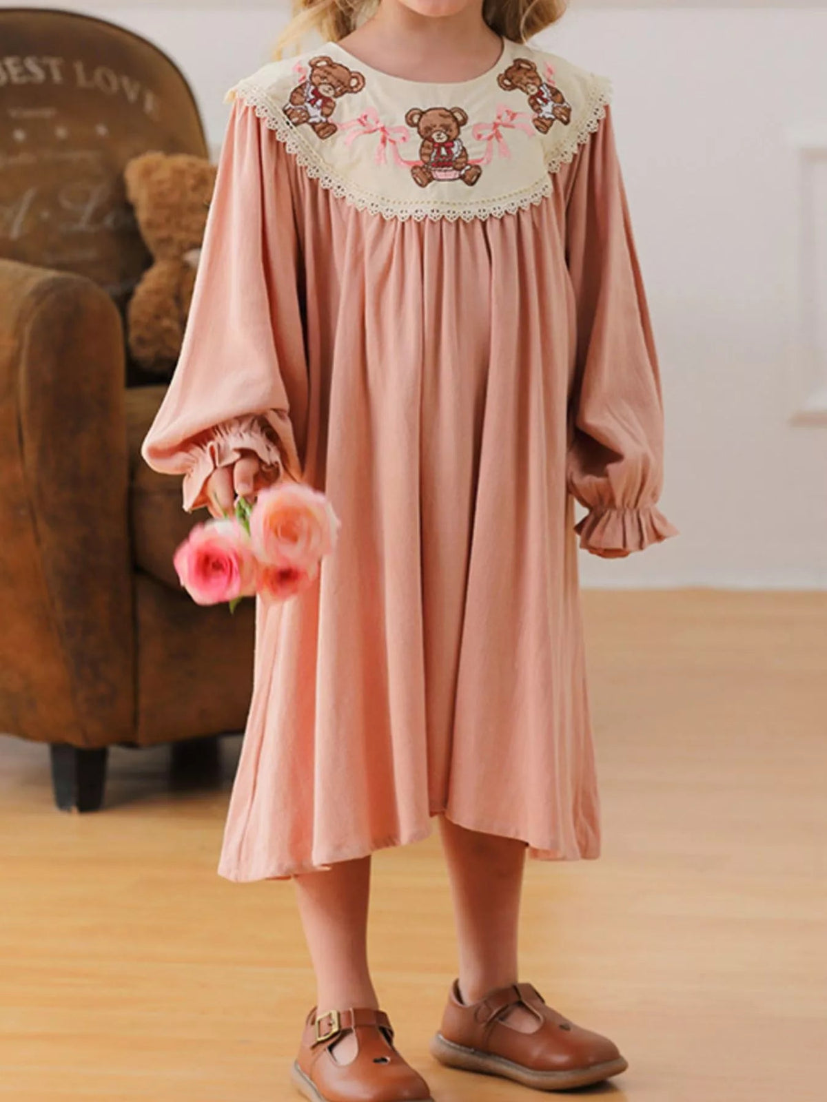 Children's Teddy Bear Embroidered Collar Long Sleeve Dress 