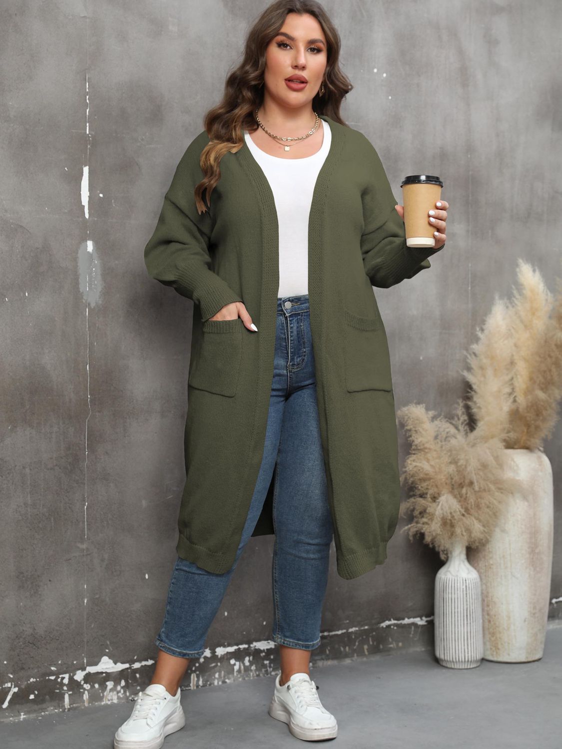 Plus Size Long Sleeve Pocketed Cardigan 