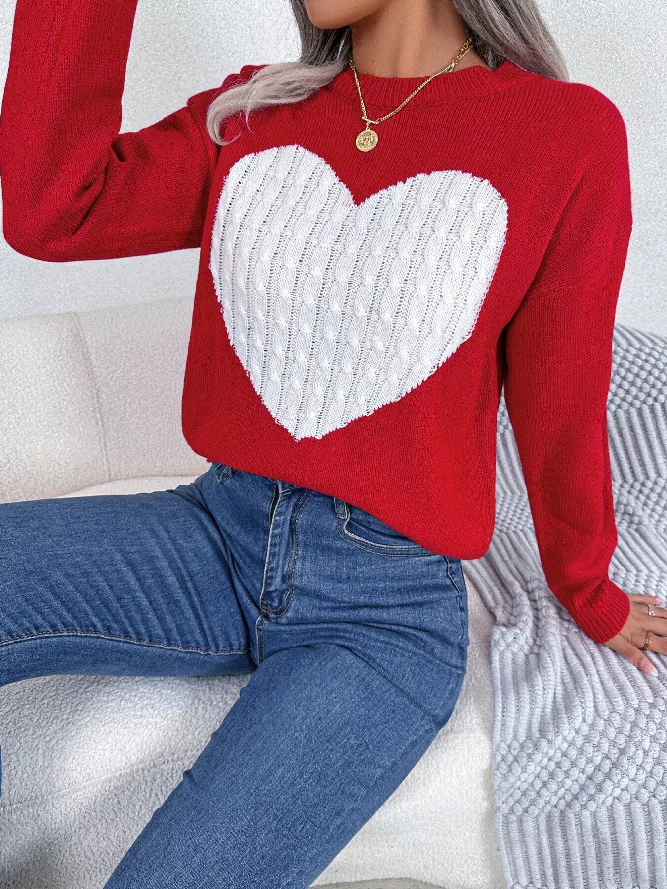 Cable Knit Heart Round Neck Sweater 
