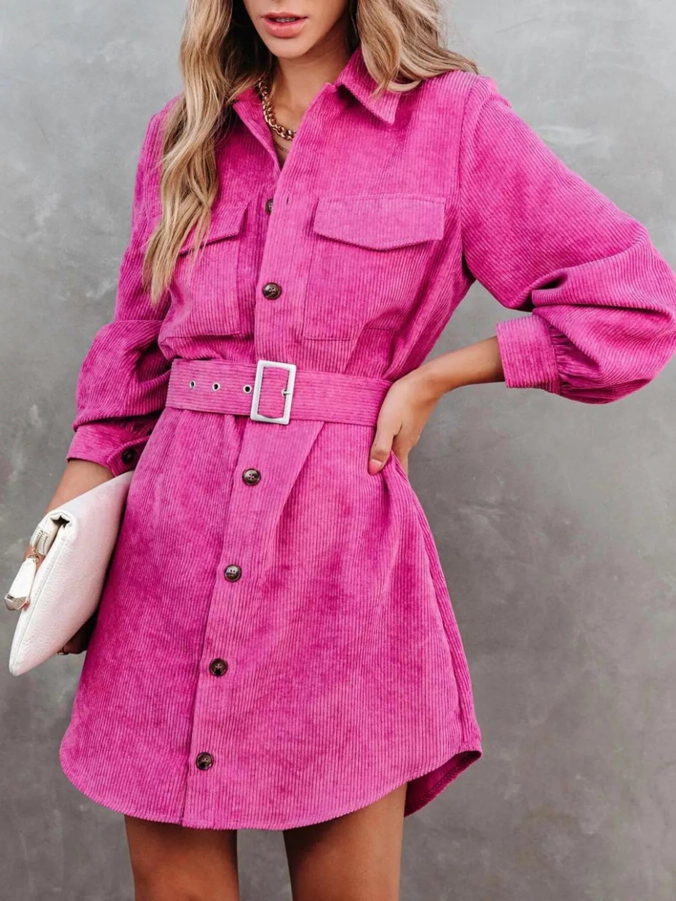 Button Front Belt Long Sleeve Corduroy Dress 