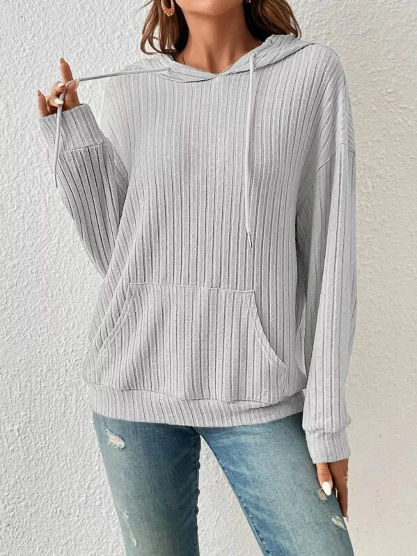 Casual Ribbed Knit Drawstring Hoodie 