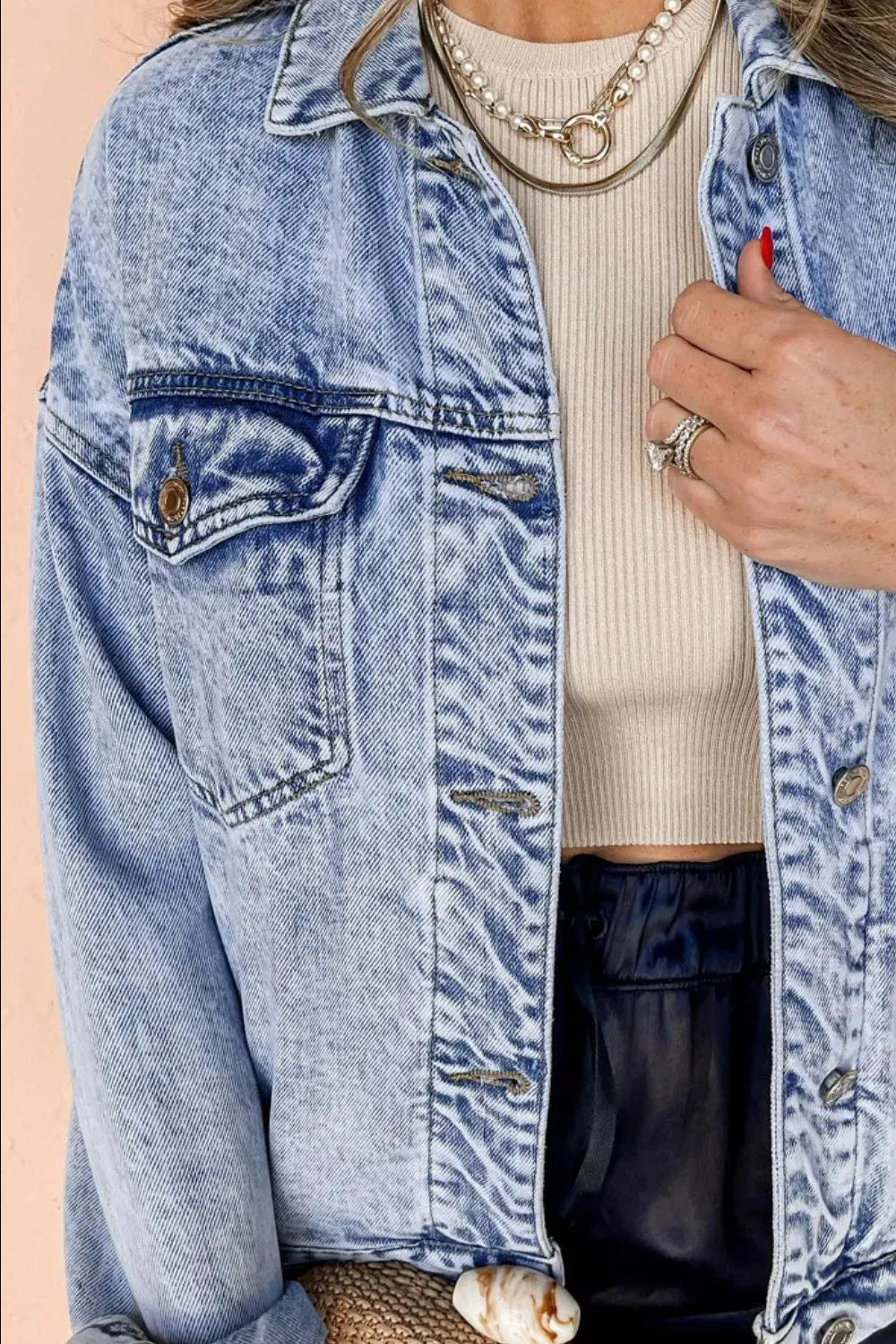 Pocketed Button Up Dropped Shoulder Denim Jacket 