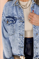 Pocketed Button Up Dropped Shoulder Denim Jacket 