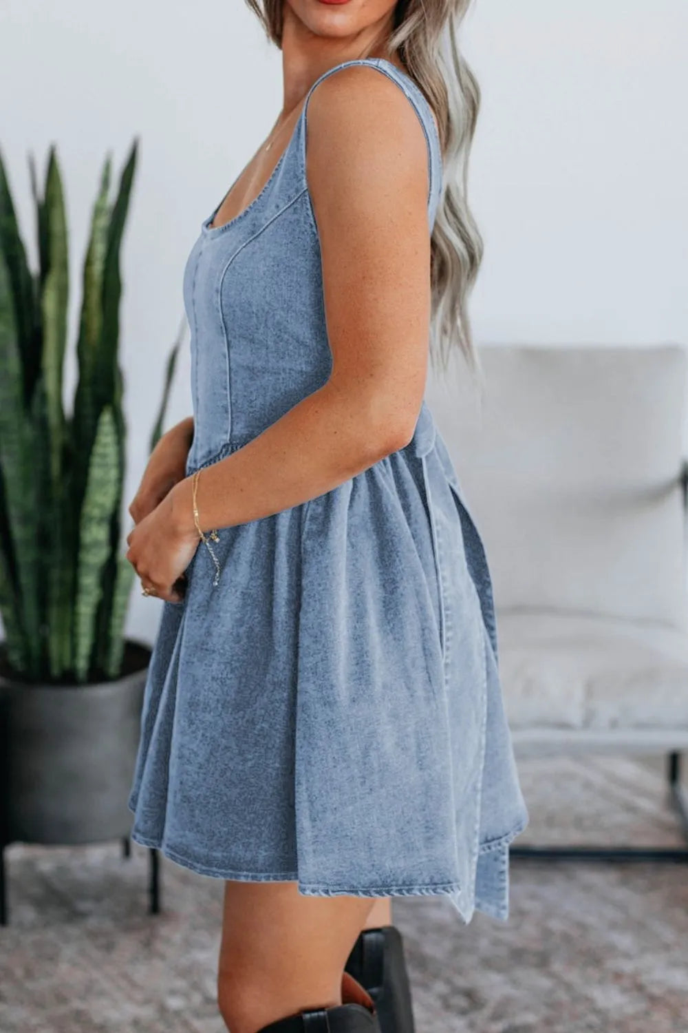 V-Back Bow Tie Denim Skater Dress 
