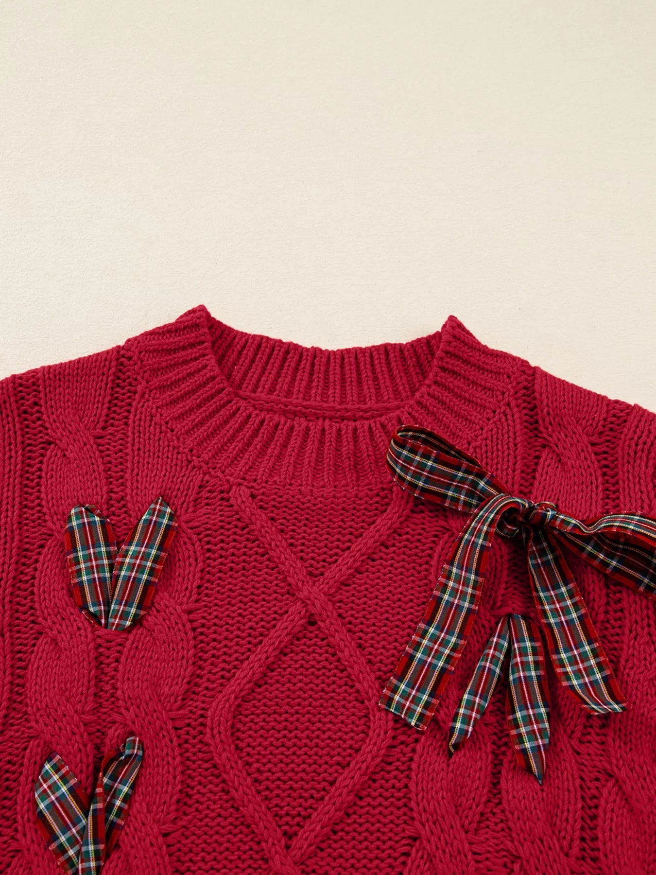 Plaid Lace Up Detail Christmas Holiday Puff Short Sleeve Sweater 