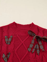 Plaid Lace Up Detail Christmas Holiday Puff Short Sleeve Sweater 