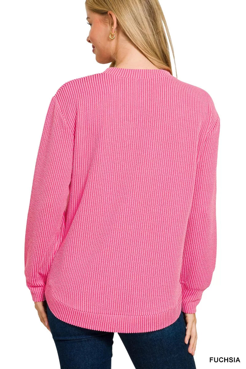 Zenana Full Size Raised Rib Round Neck Long Sleeve Top Plus Size 