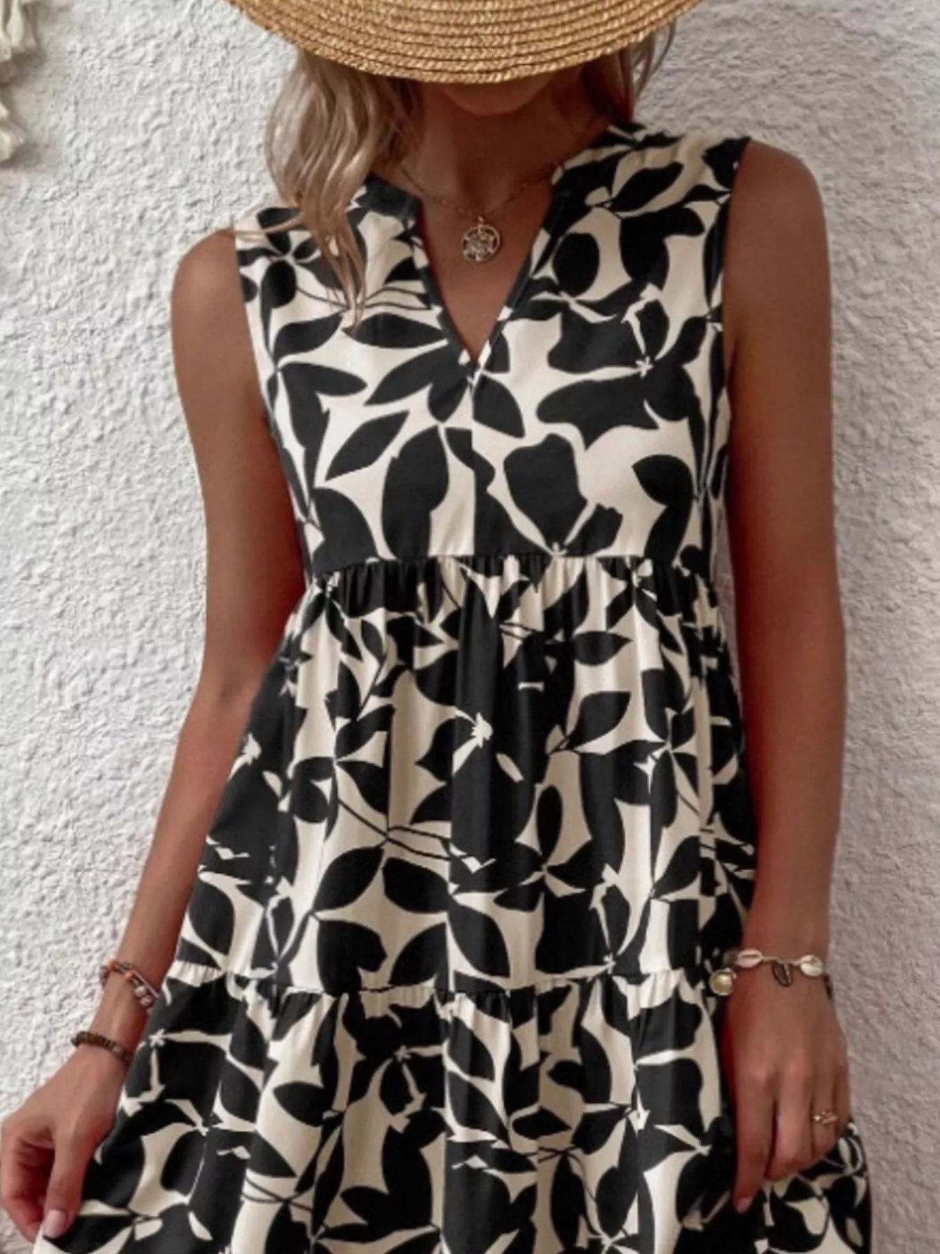 Full Size Printed Notched Sleeveless Mini Dress Plus Size 